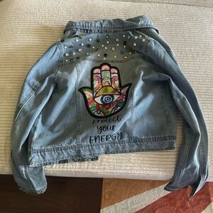 Embroidered Denim Jacket with Colorful Hamsa Design